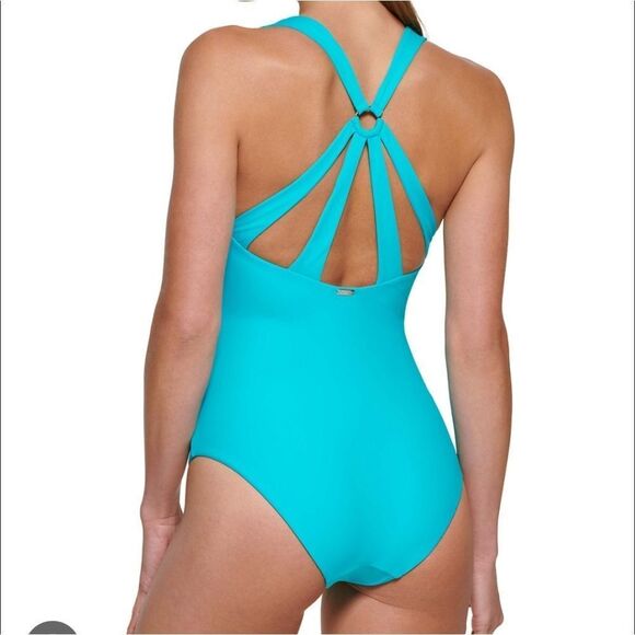 Calvin Klein Turquoise One Piece Strappy Back Plunge Neck Swimsuit - Picture 1 of 5